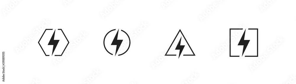 Lightning icon. Warning power sign. Electric bolt triangle symbol. Danger flash in vector flat Lightning icon. Warning power sign. Electric bolt triangle symbol. Danger flash in vector flat
