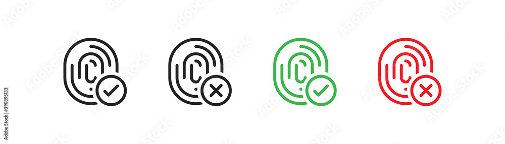 Fingerprint icon. Green check mark symbol. Biometric, dont identity sign in vector flat Fingerprint icon. Green check mark symbol. Biometric, dont identity sign in vector flat