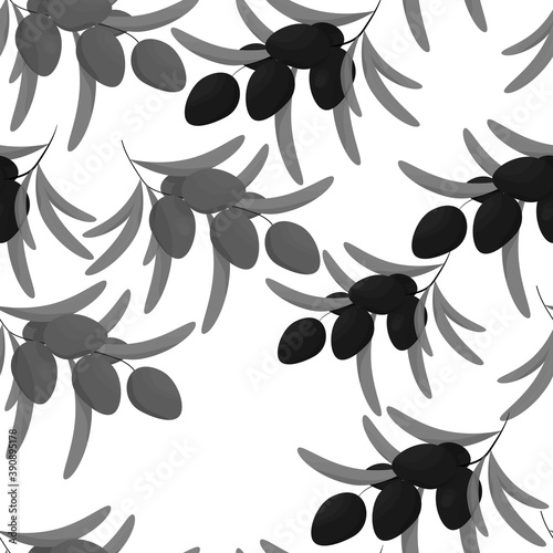 Seamless pattern of twigs and olive fruits. Vector. Grayscale. Decor element. Suitable for label or kitchen design.
