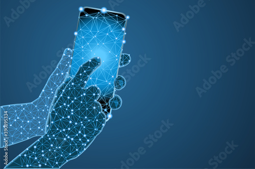 Smartphone in hands low poly wireframe and lights