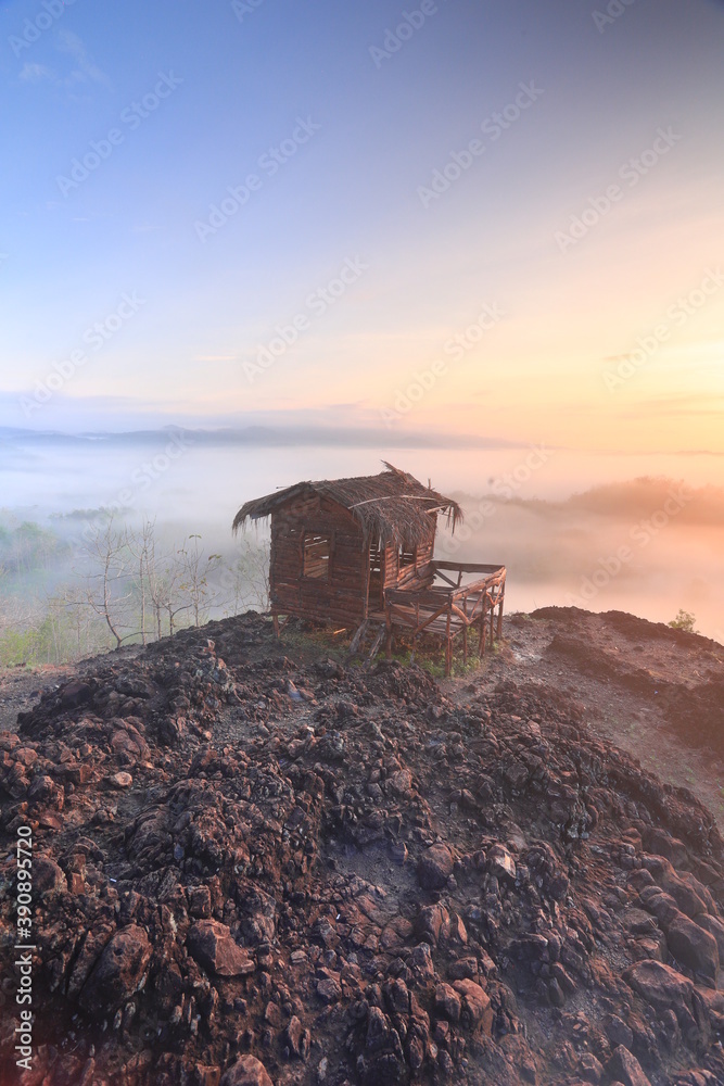 Fototapeta premium Morning on the hill shows the natural beauty of nature and the beauty of the fog that envelops