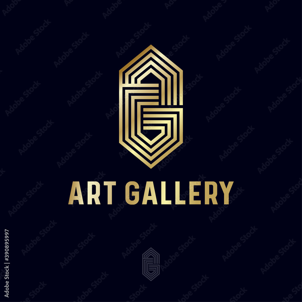A and G letter. Art Gallery gold monogram consist of some crossed lines on black background. Monochrome option. A and G letter. Art Gallery gold monogram consist of some crossed lines on black background. Monochrome option.