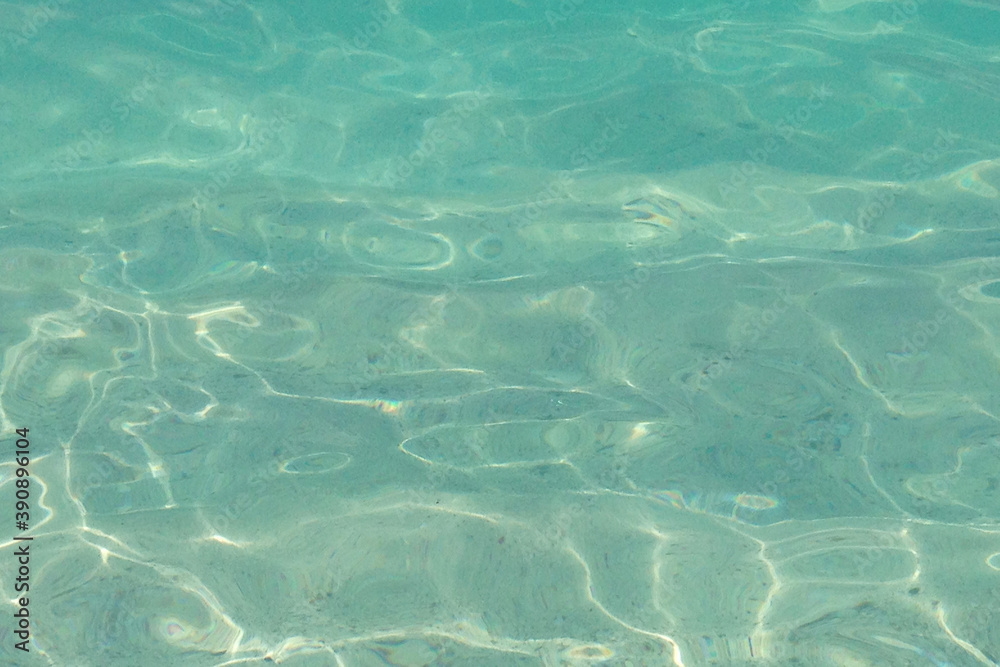 turqiouse tranquil sea water and white sand under it. Copy space for text. Dreaming about future vacations