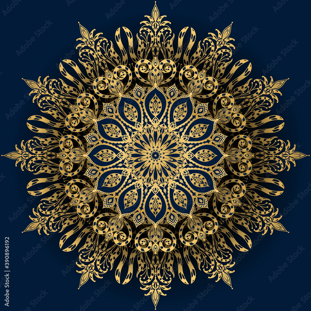 Naklejka premium Golden mandala on blue background. Voluminous round ethnic ornament. Luxury vector illustration for use in design. 