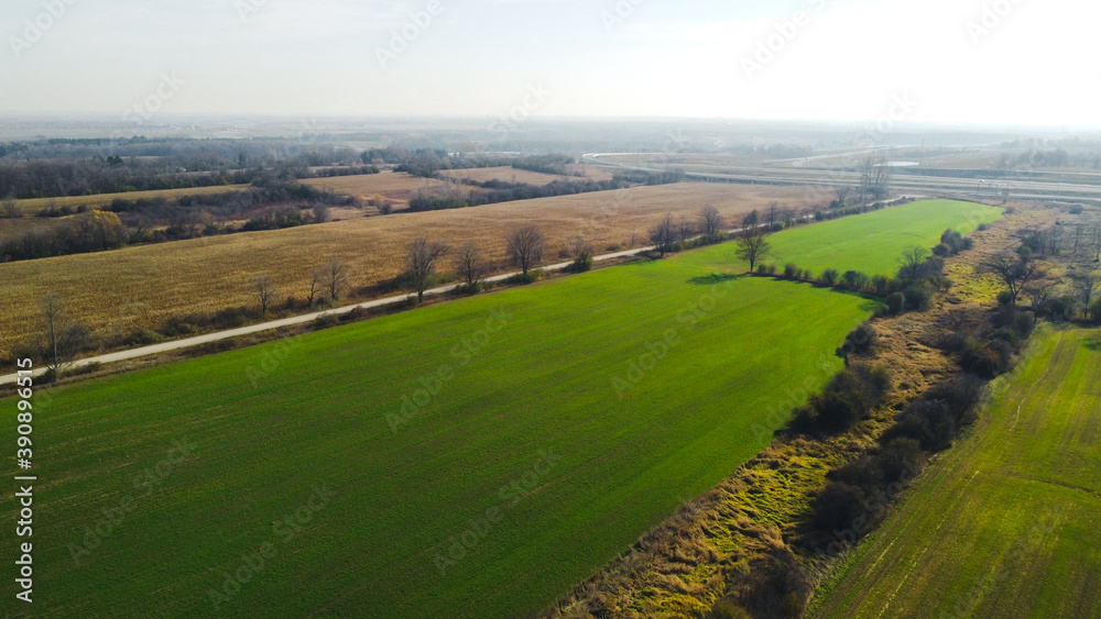 Aerial Panoramic View of Green Fields and Barren Land with Beautiful Lighting and Scenic View of Rural Landscape