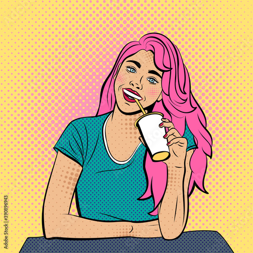 Beautiful women european type drinking coffee. Girl with cup of coffe on background of pop art style.  Pop art   illustration.