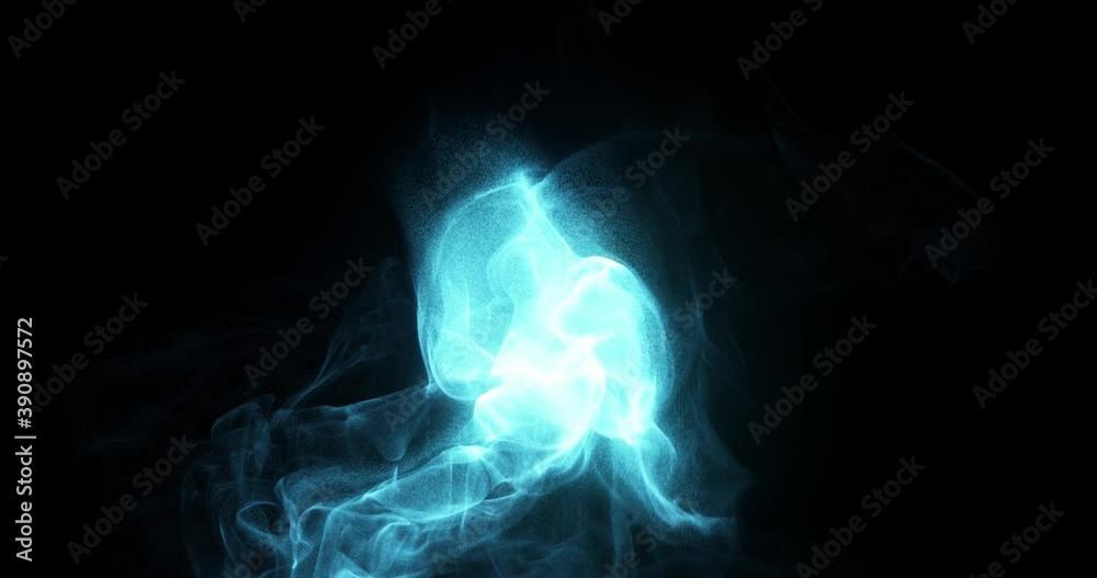 Blue turquoise smoke and flames dancing on black background. fluid motion of smoke swirling in the dark. Plasma rising from center screen. 3D render, 4K loop