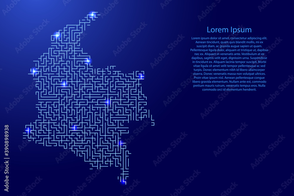 Colombia map from blue pattern of the maze grid and glowing space stars grid. Vector illustration.