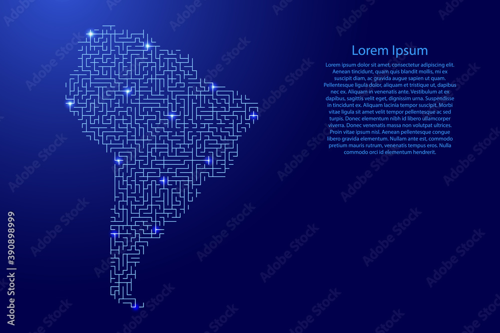 South America map from blue pattern of the maze grid and glowing space stars grid. Vector illustration.
