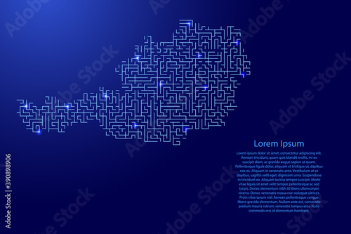 Austria map from blue pattern of the maze grid and glowing space stars grid. Vector illustration.