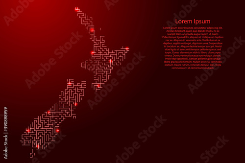 New Zealand map from red pattern of the maze grid and glowing space stars grid. Vector illustration.