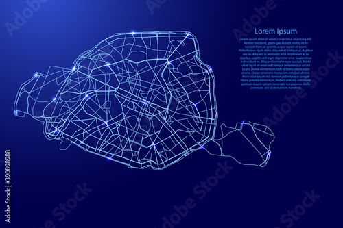 Paris map from the contours network blue, luminous space stars for banner, poster, greeting card. Vector illustration.