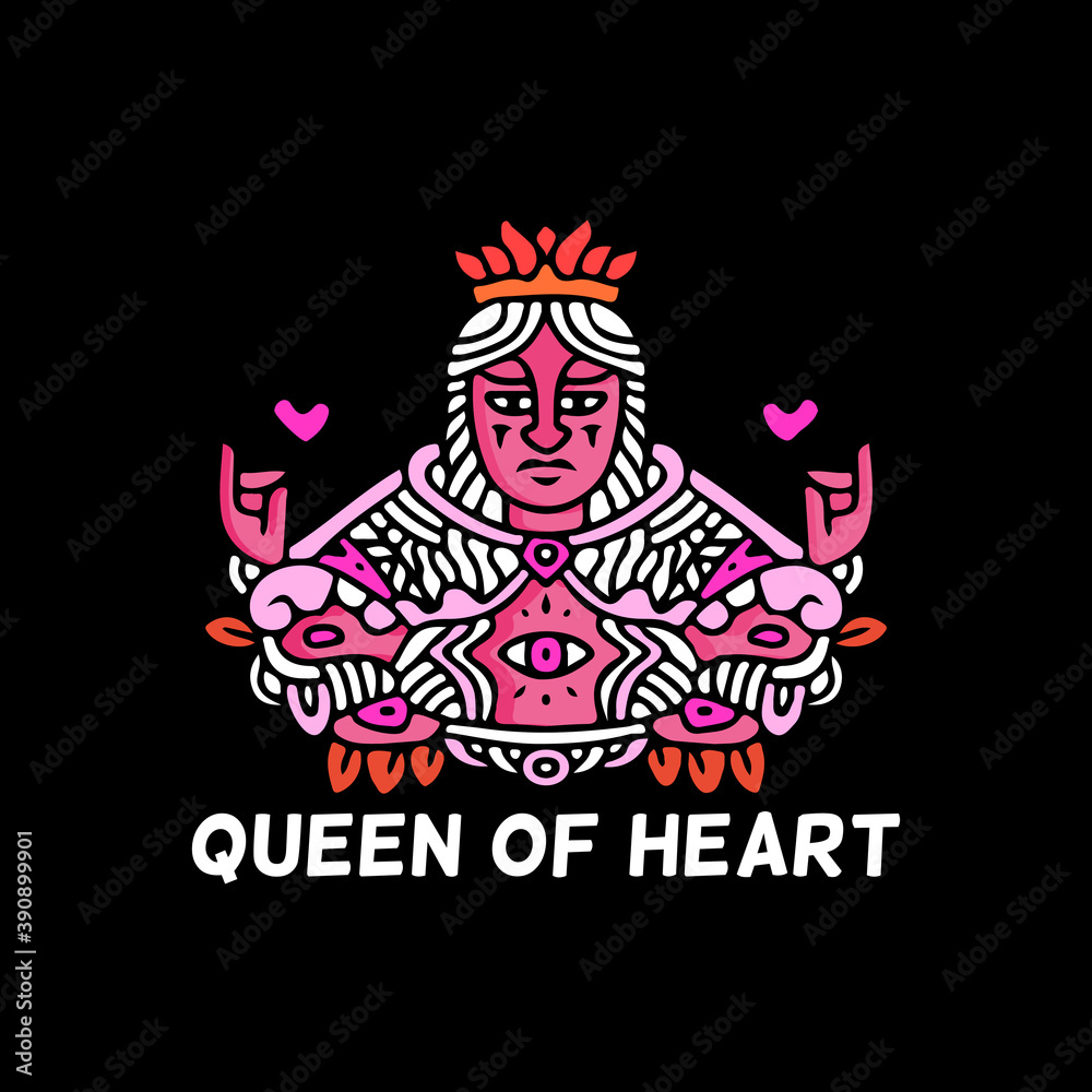 queen of heart illustration with hipster style. Vector graphics for t-shirt prints and other uses.