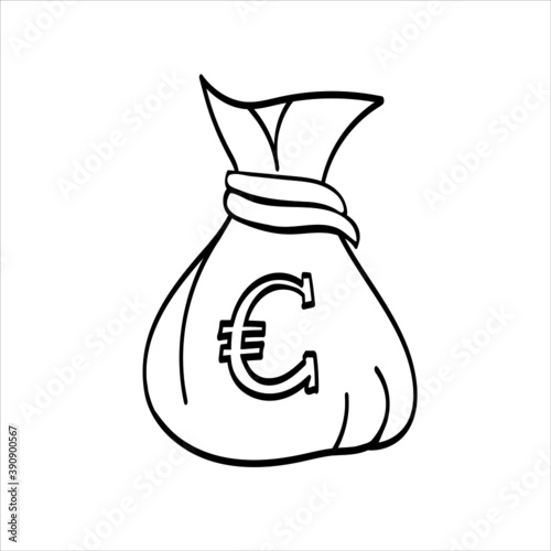 Money bag with euro sign, concert of rich and greed, coloring page monochrome element