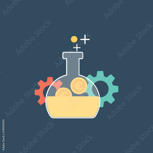 
A laboratory flask with cogwheels and coins symbolising money making illustration
