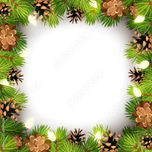 Vector Christmas frame with green fir tree branches, lights and cones.