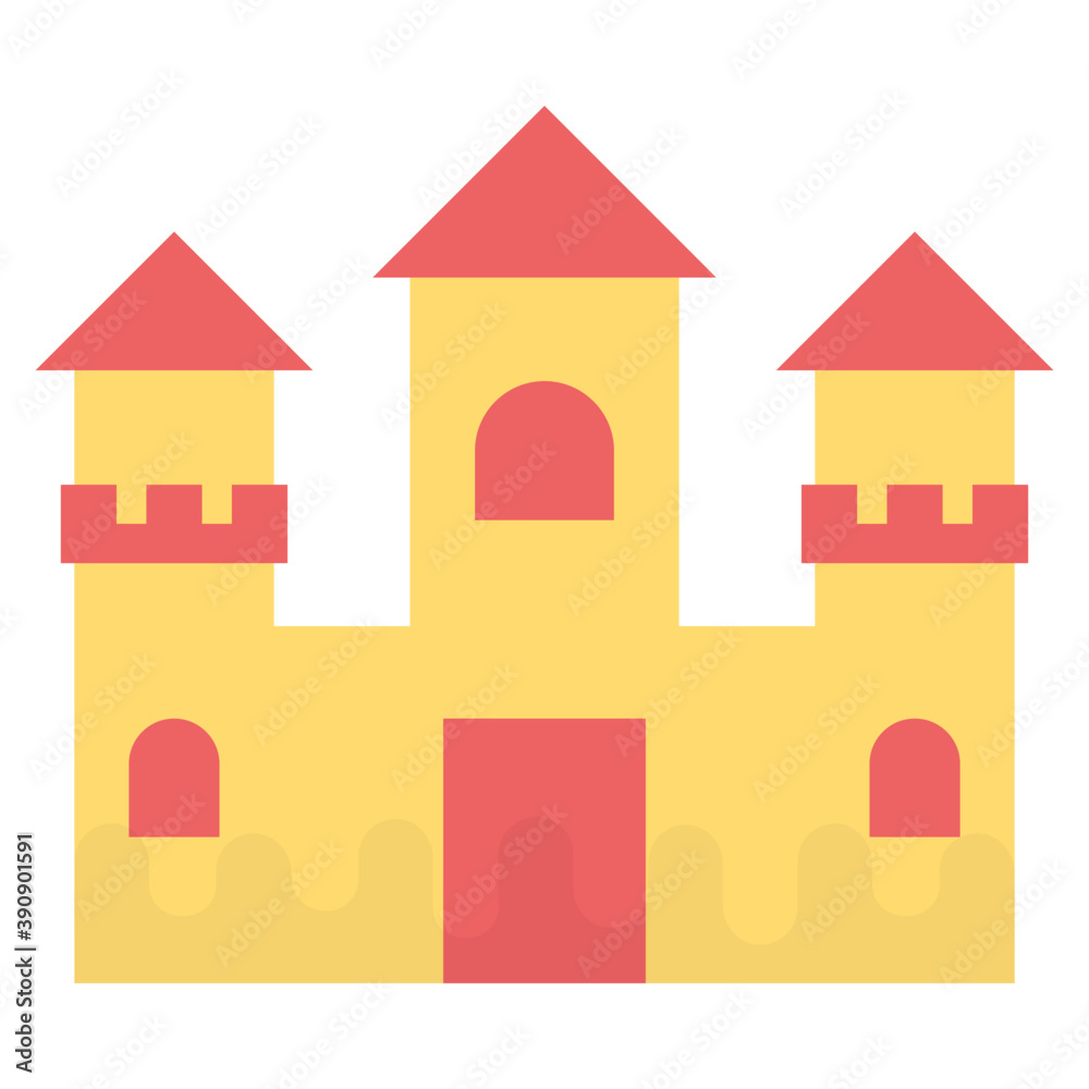 
A yellow castle with red roof flat vector icon

