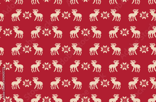 Seamless pattern of Christmas reindeer pixel art on a red background.