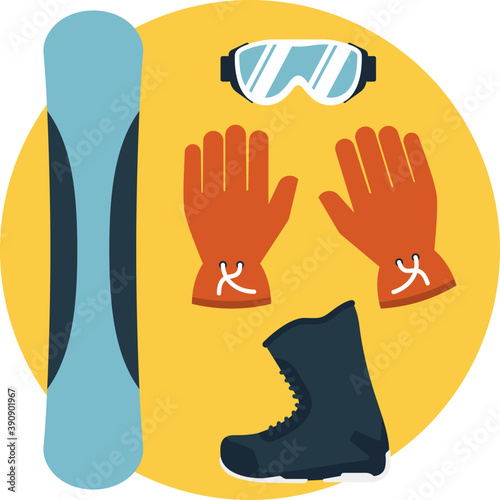 
Flat icon snowboarding, snowboarding gear 
