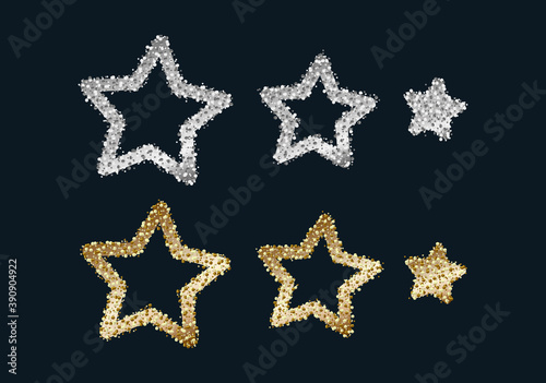 Set of shiny metal stars made of gold and silver cruumbs in different sizes, glitter sparkles, festive holiday graphic element