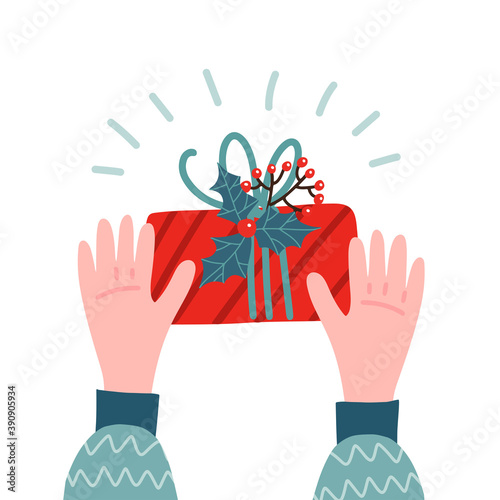 Two Hands holding a gift box decorated by plants and berries. Vector flat illustration isolated on white nackground. Hand drawn flat vector illustration. photo