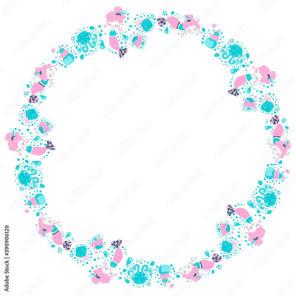Isolated round frame of little cute smiling cartoon mermaid girls, octopuses, fish, seashells, starfishes and bubbles in the Scandinavian style. For kids and toddler designs. Copy space. Vector.