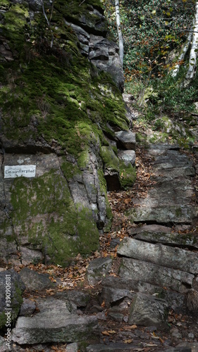 the start of the Einsiedlerpfad (hermit path) at the Unterer Felsenweg (lower rock path) along the Battert, a panorama path in Baden-Baden in the region Baden-Wuerttemberg in November, Germany