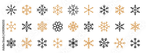 Set of black and gold Snowflakes. Black snowflake vector icon. Snowflakes vector template. Winter Snowflake icons. Winter flat vector decorations elements