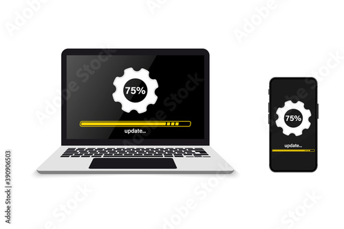 System upgrade. Installing update progress and loading bar on computer and phone. Update or Loading process. Install new software, operating system. Doing cloud uploading