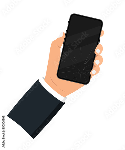 Holding in the hand a black smartphone with a broken display. Broken mobile phone screen. Touch screen smartphone with broken screen. Cracked smartphone display. Сell phone smash damage screen repair