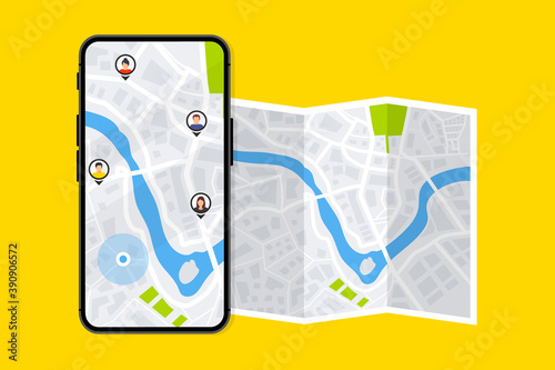 GPS navigator. The concept shares its geolocation with others. Search by geolocation. Tracking the location of a person using a phone. Maps navigation with point markers. Friends locations