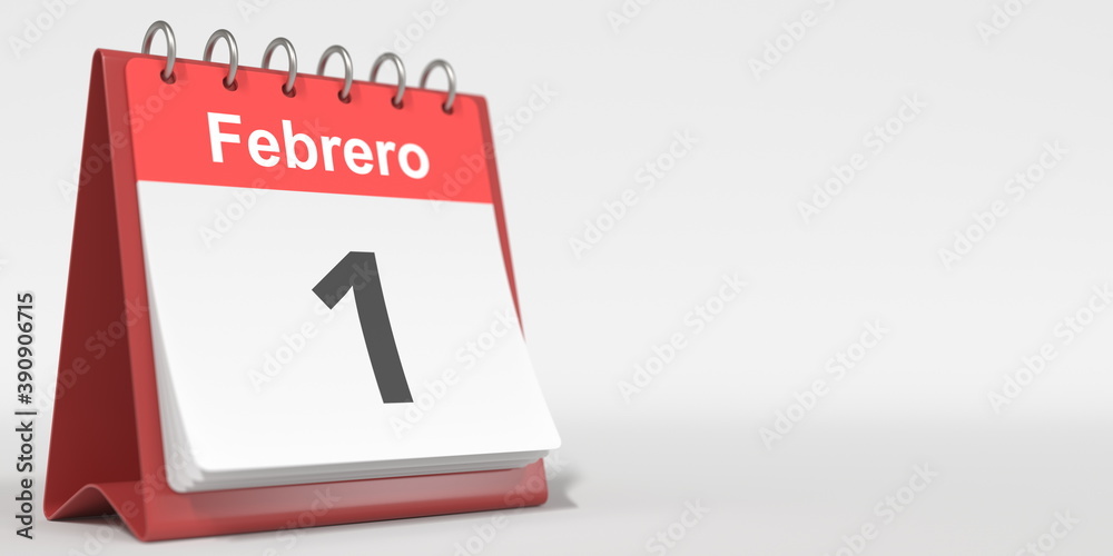 February 1 date written in Spanish on the flip calendar, 3d rendering February 1 date written in Spanish on the flip calendar, 3d rendering