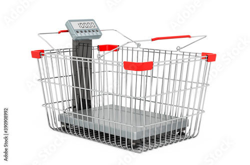 Warehouse scales inside shopping basket, 3D rendering