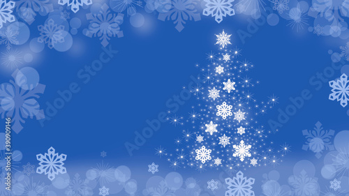 Christmas background with Christmas tree and snowflakes around the edges on a blue background