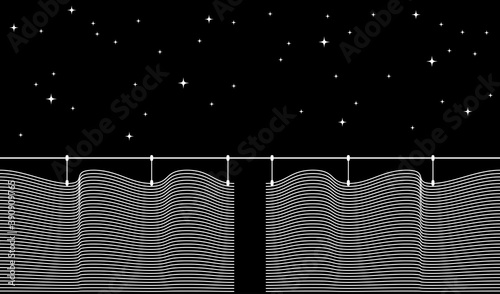 Drawn curtains under starry night sky. Minimalist line art black & white vector illustration.