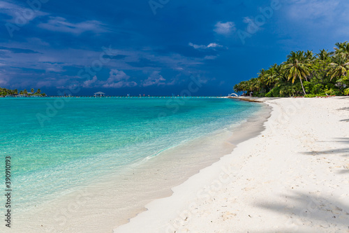 Fototapeta Naklejka Na Ścianę i Meble -  Tropical beach in Maldives with palm trees and vibrant lagoon