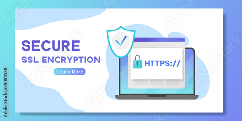 Secure SSL encription banner. Laptop with opened web browser and safety HTTPS - internet communication protocol that protects confidentiality of users data. Concept of online security photo