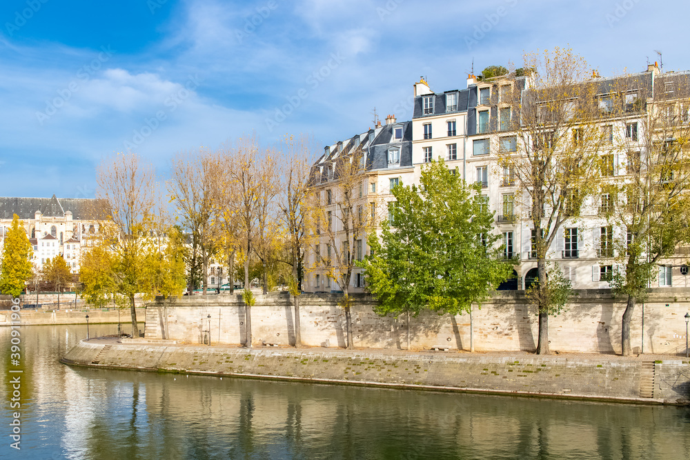 Paris, ile saint-louis and quai de Bourbon, beautiful ancient buildings, panorama
