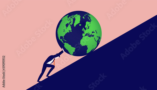 Pushing globe up steep hill - Businessman working hard to get the world on top. Saving the planet and business responsibility concept. Vector illustration.