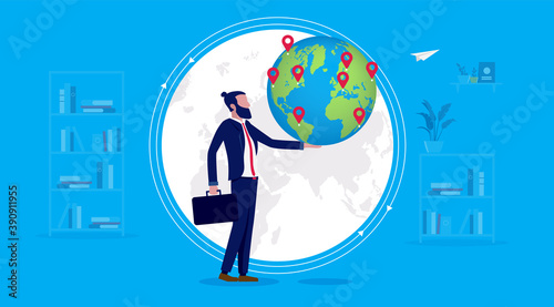 Businessman holding earth globe in hand - International business and customers around the whole world concept. Vector illustration.