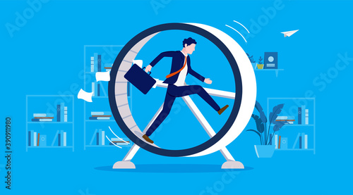 Businessman in hamster wheel - Man working hard in meaningless job, feeling useless, stressed and having no progress. Stuck in rut concept. Vector illustration. photo