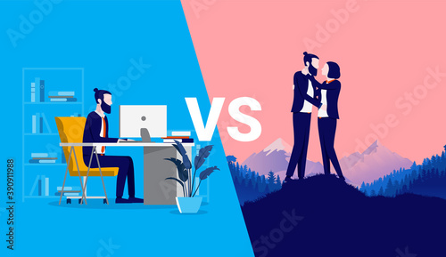 Work vs life - Split illustration of man working, and man spending time with girlfriend. Work life balance concept. Vector illustration.