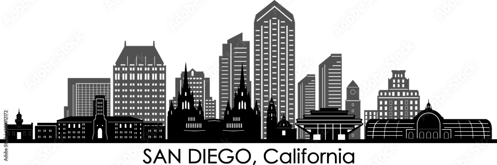 SAN DIEGO California SKYLINE City Outline Silhouette