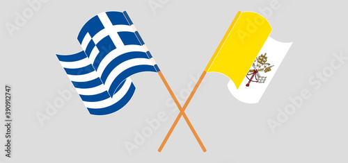 Crossed and waving flags of Vatican and Greece