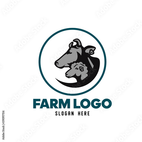 A logo for a farm consisting of two animals, a cow and a sheep.Isolated on white background