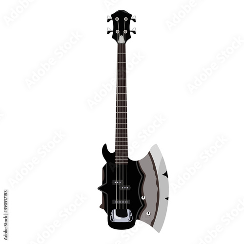 Black bass guitar in the form of an ax.Rock mood.Brutal bass guitar.Isolated on a white background.Having a place for an inscription