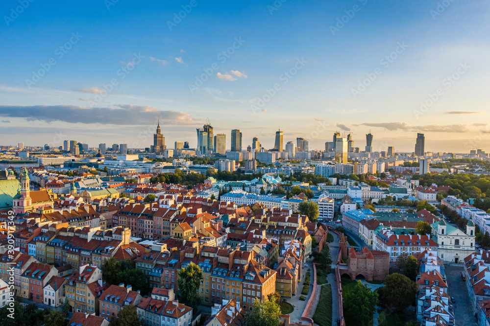 Warsaw city center aerial view - obrazy, fototapety, plakaty 
