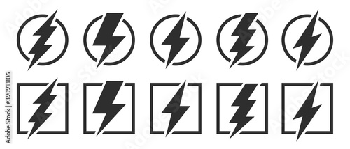 Lightning bolt icons set. Circles and squares. Energy and thunder symbol. Lightning strike vector icon on white background. Vector illustration.