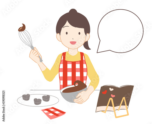 バレンタインチョコを作る　女性　吹き出し(線無し)