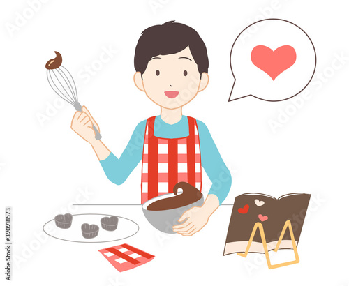 バレンタインチョコを作る　男性　ハート吹き出し(線無し)